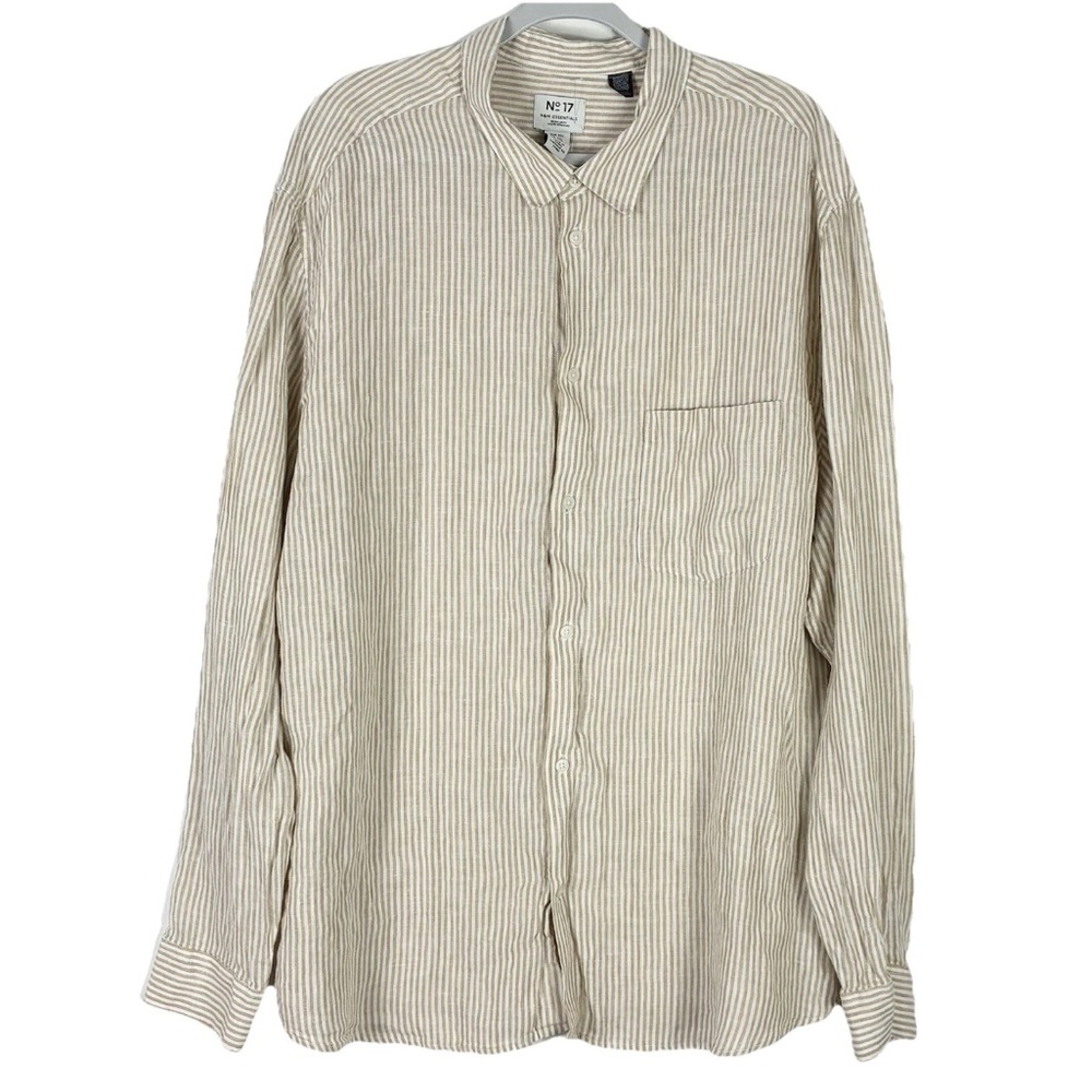 H&M Beige White Striped Linen Shirt XXL Mens Long Sleeve Capsule Staple Preppy